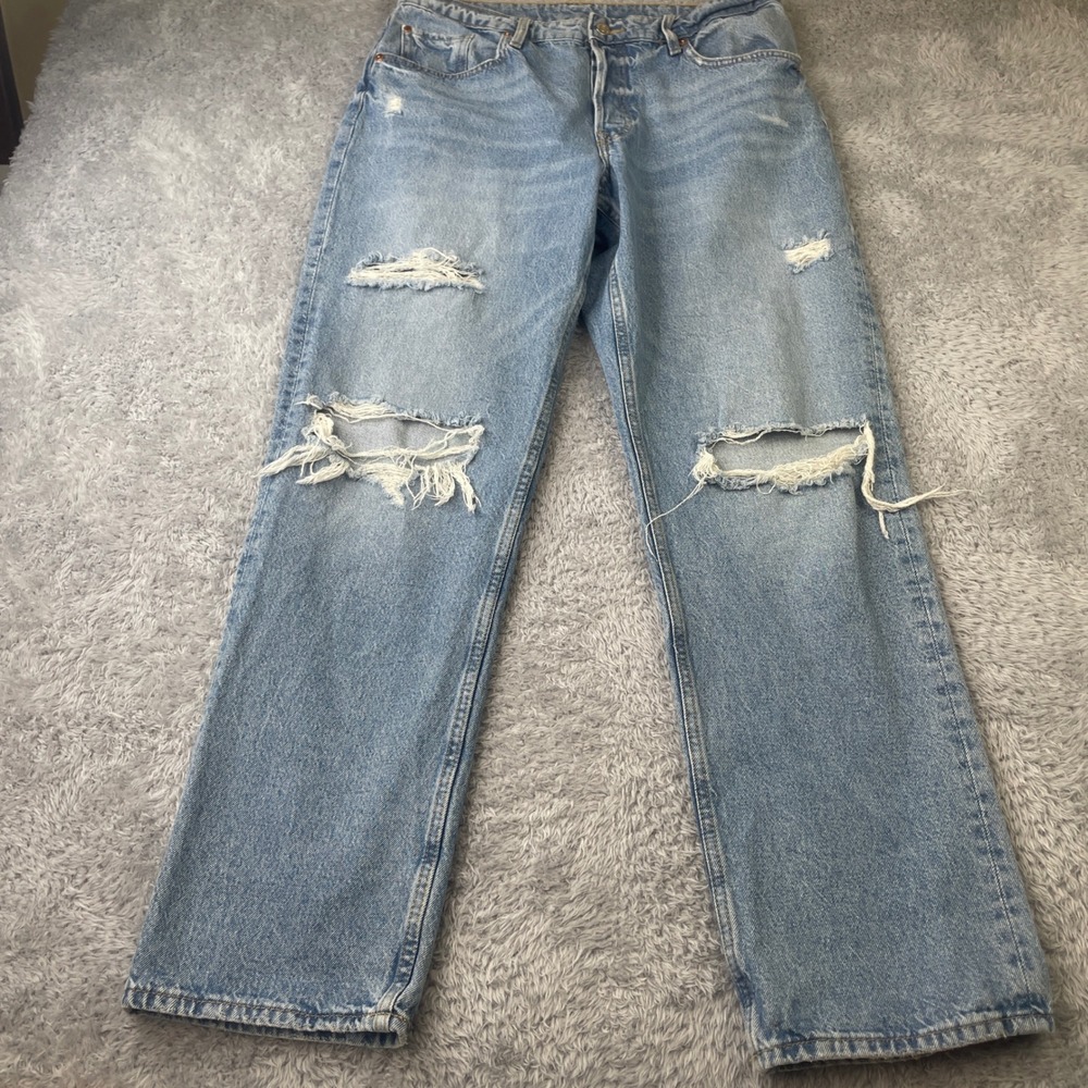 H&M &Denim 90s Boyfriend Jeans Womens 8 Blue Distressed High Waist Button Fly